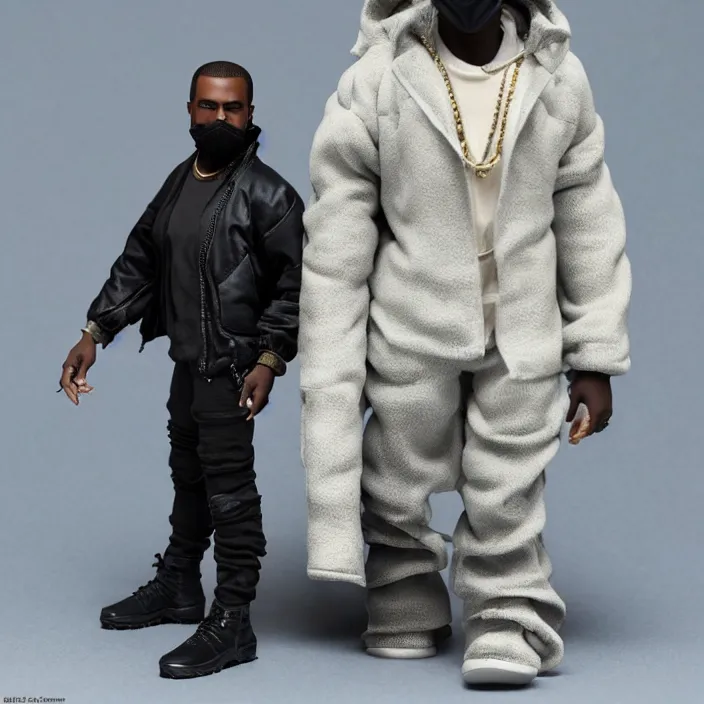 Image similar to a hot toys figure of kanye west using a full face covering black mask, a small, tight, undersized reflective bright blue round puffer jacket made of nylon, dark jeans pants and big black balenciaga rubber boots, figurine, detailed product photo