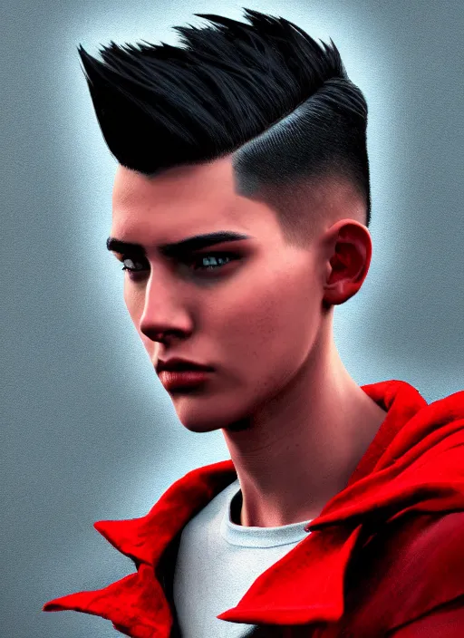 Image similar to An epic fantasy comic book style portrait painting of a young man with black undercut haircut, wearing red clothes, black overcoat, blue jeans. Unreal 5, DAZ, hyperrealistic, octane render, cosplay, RPG portrait, dynamic lighting