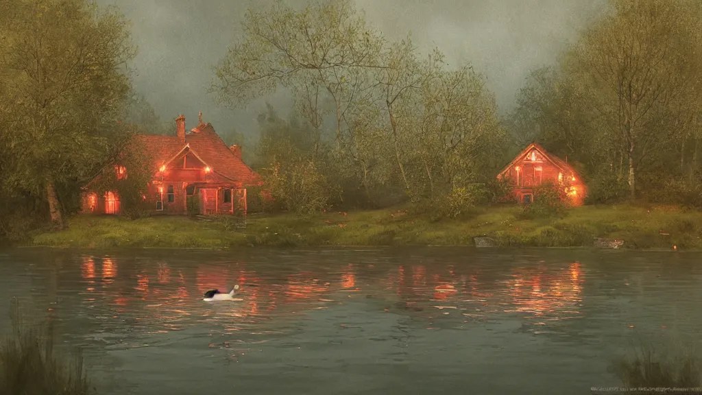 Image similar to small red wooden cottage by the lake, lanterns in the front of the cottage, smoke coming out of the chimney, dusk, birch trees, tranquility, two swans swimming in the lake, a rowing boat, by Greg Rutkowski, by Charlie Bowater