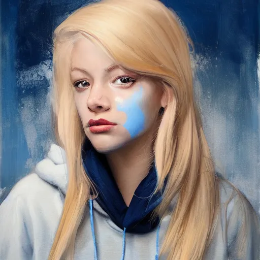 Image similar to greg manchess portrait of a beautiful girl with blonde hair, wearing a blue hoodie, medium shot, white background, asymmetrical, profile picture, organic painting, matte painting, bold shapes, hard edges, street art, trending on artstation, by huang guangjian and gil elvgren and sachin teng and wlop and rossdraws and greg rutkowski