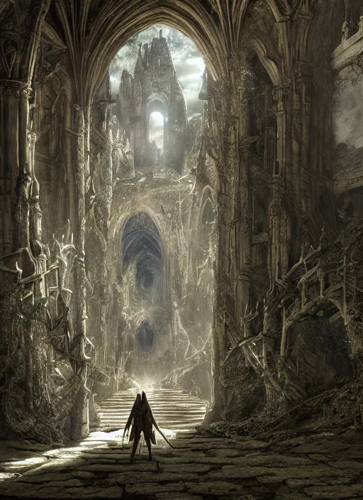 Image similar to a medieval adventurer in lord of the rings scenery landscape, inside an enormous overgrown cathedral made of stone dragons, portal to another dimension in the sky, highly detailed, cinematic lighting, perfect composition, 4 k, gustave dore, derek zabrocki, greg rutkowski, belsinski, octane render