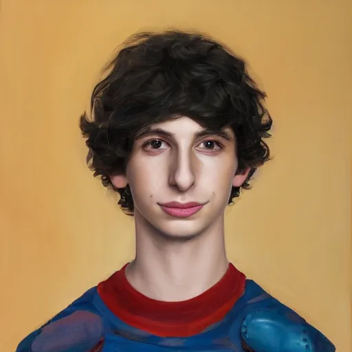 Image similar to a portrait of finn wolfhard as a robot, oil painting, pale colors, high detail, 8 k, wide angle, trending on artstation,