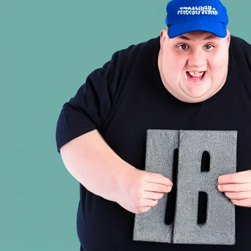 Image similar to very obese man with a t-shirt and a cap with the letter P, writing on a book