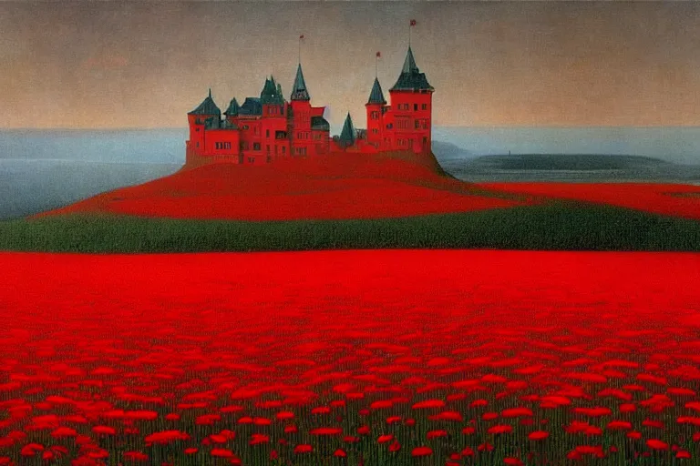 Image similar to only with red, red flowers of different types, a castle in the background, red giants rest over the flowers, in the style of beksinski, part by hopper, part by rodcenko, part by hofbauer, intricate composition, red by caravaggio, insanely quality, highly detailed, masterpiece, red light, artstation, 8 k