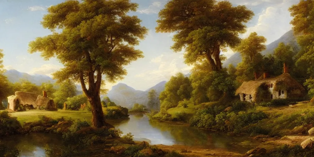 Image similar to a beautiful landscape painting of a cottage by a river in a valley, astronaut sitting by the river, by john glover, oil on canvas, highly detailed, hd, 4 k