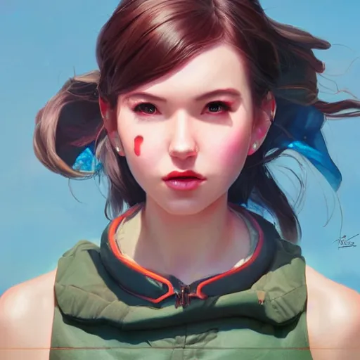 Image similar to a beautiful scenic painting of a beautiful young woman that looks like dva by artgerm and wlop and wes anderson and spike jonze