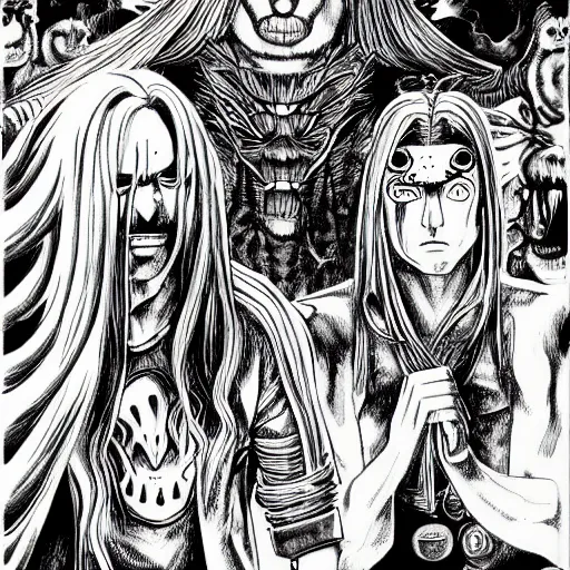 Image similar to Metalocalypse by Kentaro Miura, highly detailed, black and white