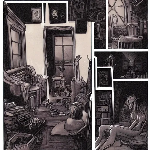 Image similar to lonely goth nerd sitting in cluttered room alone, by glen keane, aesthetic!!!, detailed, realistic, hyper realism, small details, goth aesthetic,