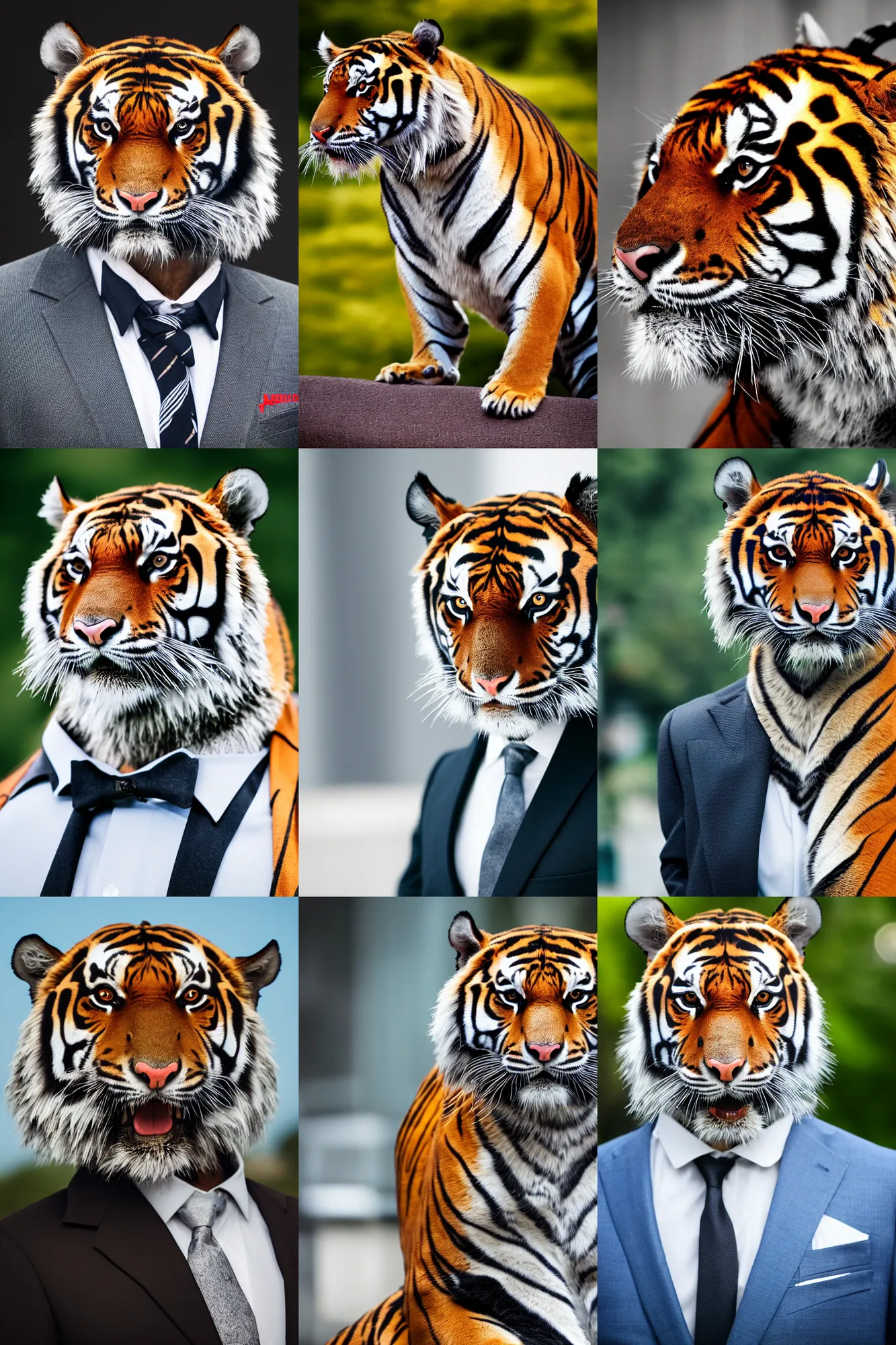 Prompt: high quality portrait photo of an tiger dressed in a dark business suit and tie, Anthropomorphic, photography 4k, f1.8 bokeh, 4k, 85mm lens, sharp eyes