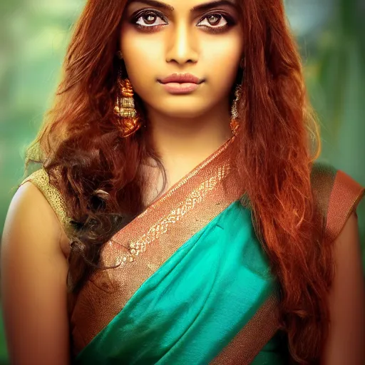 Image similar to close - up shot, studio photographic portrait of beautiful indian girl in sari, brown reddish hair, eyes with crystal teal iris, haunting, looking at viewer, dynamic lighting, random outdoor wallpaper background, photorealistic, 2 5 mm