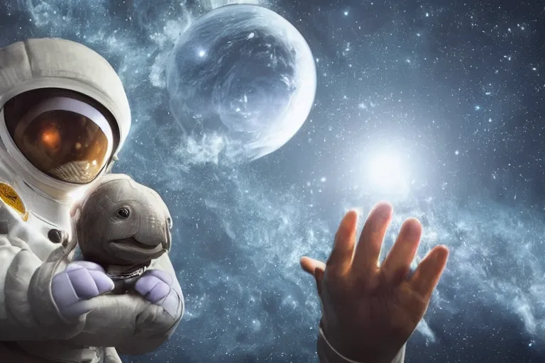 Image similar to still fullbody photo of sad albert einstein in spacesuit in space, flat earth on elephants and turtle at background, highly detailed, photorealistic shot, bright studio setting, studio lighting, crisp quality and light reflections, unreal engine 5 quality render