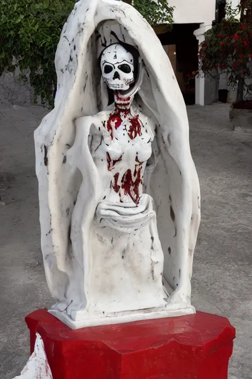 Image similar to full body of La catrina statue sculpted on white marble with blood stains by Bernini and kris kuksi