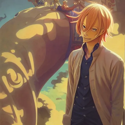 Image similar to sanji by eiichiro oda!, greg rutkowski, loish, rhads, beeple, makoto shinkai, tom bagshaw, alphonse mucha, sharp focus, art by artgerm and greg rutkowski, stanley kubrick, backlit, harsh overhead sunlight,