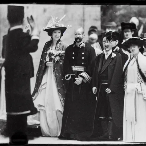 Prompt: The Empress was smiling and waving to the spectators as they waited outside the church in this extreme wide shot, black and white Russian and Japanese combination historical fantasy photographic image of a Royal wedding taken in 1907 by the event's official photographer.