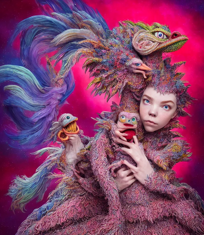 Image similar to hyper detailed 3d render like a Oil painting - kawaii portrait of sisters Aurora (a beautiful girl skeksis muppet fae princess protective playful expressive acrobatic from dark crystal that looks like Anya Taylor-Joy) seen red carpet photoshoot in UVIVF posing in scaly dress to Eat of the Strangling network of yellowcake aerochrome and milky Fruit and His delicate Hands hold of gossamer polyp blossoms bring iridescent fungal flowers whose spores black the foolish stars by Jacek Yerka, Ilya Kuvshinov, Mariusz Lewandowski, Houdini algorithmic generative render, golen ratio, Abstract brush strokes, Masterpiece, Edward Hopper and James Gilleard, Zdzislaw Beksinski, Mark Ryden, Wolfgang Lettl, hints of Yayoi Kasuma and Dr. Seuss, Grant Wood, octane render, 8k