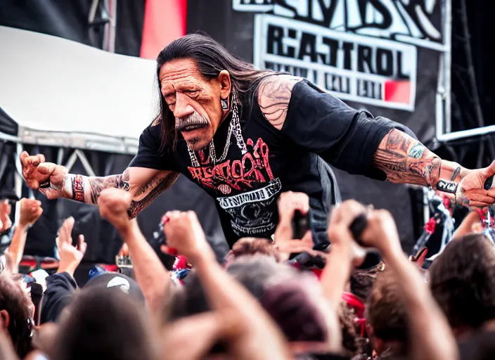 Image similar to photo still of danny trejo at vans warped tour!!!!!!!! at age 6 3 years old 6 3 years of age!!!!!!! stage diving at a crowd, 8 k, 8 5 mm f 1. 8, studio lighting, rim light, right side key light