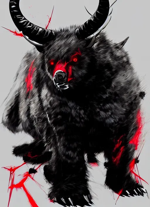 Prompt: A horned bear spirit with black and red fur. In style of Yoji Shinkawa and Hyung-tae Kim, trending on ArtStation, dark fantasy, great composition, concept art, highly detailed.