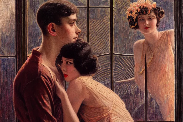 Image similar to detailed people in 1 9 2 0 s movie theatre, exterior greenhouse, portrait face, in the style of frantisek kupka, intricate, miles johnston, keita morimoto, kuroda seiki, cynical realism, ozabu, john william godward, painterly, yoshitaka amano, moebius, beautiful lighting