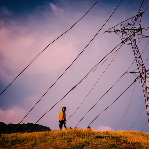 Prompt: a person on a hill flying a kite, next to a high-voltage transmission lines, in the style of filmmaker Shunji Iwai, vibrant colors, lens flare