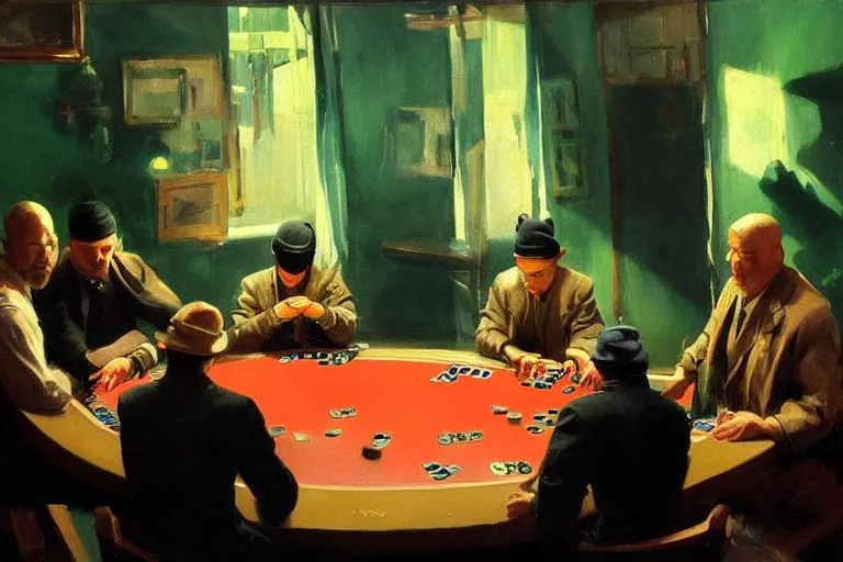 Prompt: ninjas playing poker, inside a tiny green room with red lights by joaquin sorolla, greg rutkowski, bill sienckiwicz, extremely detailed