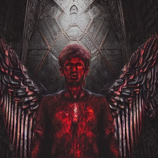 Image similar to hyper realistic photography of a highly detailed archangel in front of hell's gate. complex architecture, blood drops on the walls. dark background. high details, trending on artstation, digital illustration 4 k no blur