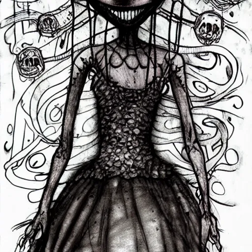 Prompt: grunge drawing of a cartoon teletubby by mrrevenge, corpse bride style, horror themed, detailed, elegant, intricate