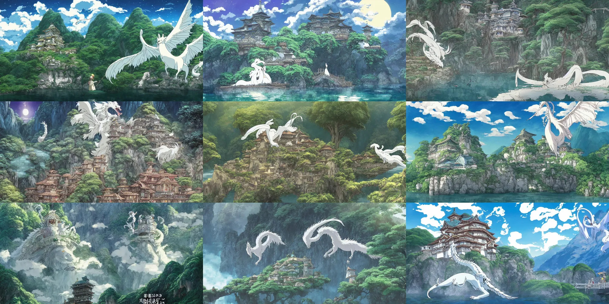 Prompt: a magical palace around mountains and river, a white dragon spirit flying in the sky, miyazaki's animated film, ghibli studio, spirited away, princess mononoke, 4 k, highly detailed,