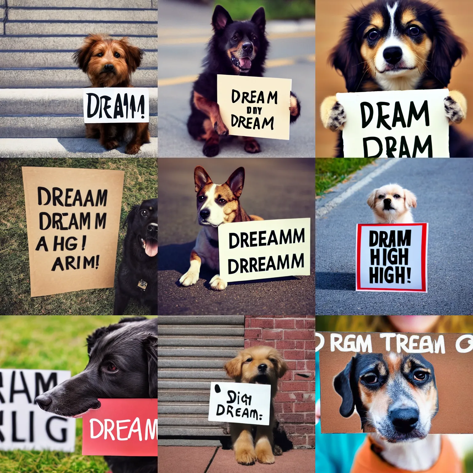 Prompt: realistic high quality photo of a cute dog holding a sign with text that reads : dream