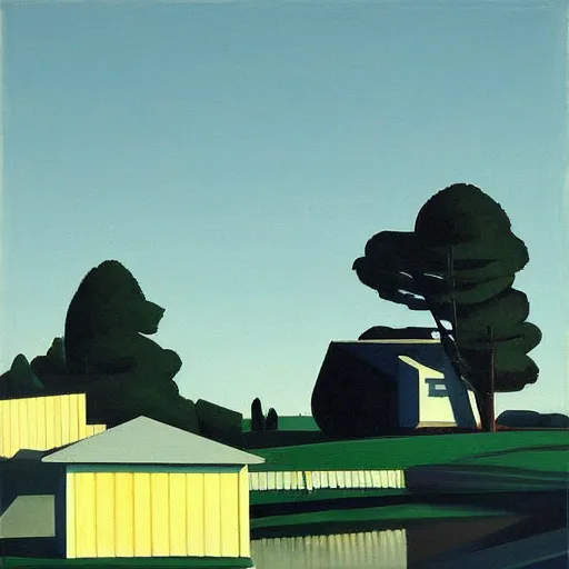 Image similar to dreaming futuristic rural landscape with modern houses, painted by Alex Katz and Edward Hopper, airbrushm, highly detailed