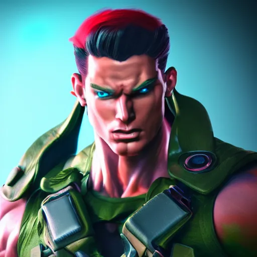 Image similar to Cammy, Man, handsome, muscular, sharp focus, colorful, photograph, octane render