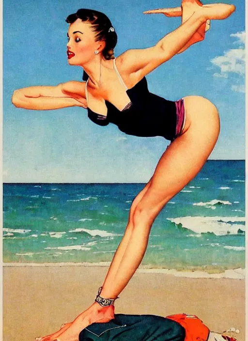 Image similar to a pin up poster of a girl doing yoga with a futuristic kimono in middle of the beach by norman rockwell and jack vettriano