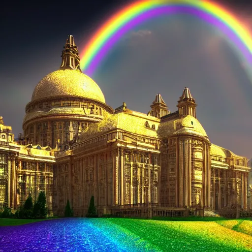 Image similar to Ornate Empire in the clouds heavenly beautiful sun light rainbows holographic iridescent dream 8k Depth of field Render HDR