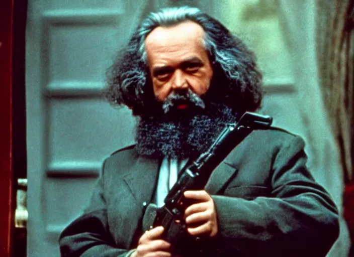 Prompt: very detailed 70s movie still of one Karl Marx with a kalachnikov, cinestill 800t 10mm 4k, grainy picture cinematic dramatic light