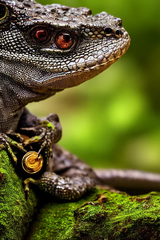 Image similar to a macro portrait photo of a gentleman lizard wearing a monocle and a top hat lounging on a moss covered rock, shiny scales, moss and vegetation, ancient forest, close - up, intricate details, intricately detailed textures, warm lighting, vivid colors, smoke and mist, hyper realistic octane render, volumetric shading, depth of field, raytracing, 8 k,