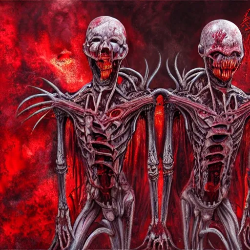Prompt: conjoined demon twins emerging from corpses in a red hellscape covered in blood by Yoshitaka Amano, by HR Giger, biomechanical, 4k, hyper detailed, hyperrealism, anime, red sky, blood and body parts, deviantart, artstation
