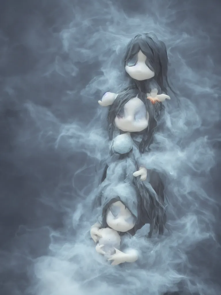 Prompt: cute fumo plush of a cursed frail witch girl held tight in the arms of a ghost, hugging, maternal, melting volumetric smoke and fog, environment map pbr reflective stormy water, goth, vignette, vray