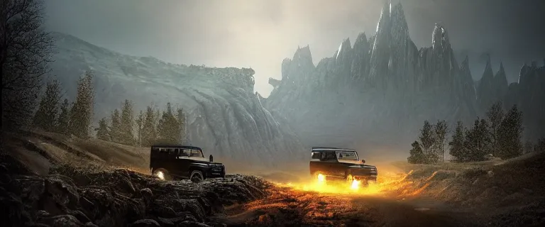 Image similar to Land Rover Defender 110 (1985), an epic fantasy, dramatic lighting, cinematic, establishing shot, extremely high detail, photorealistic, cinematic lighting, artstation, by simon stalenhag, The Elder Scrolls V: Skyrim, Whiterun Hold, Burning Dragonsreach castle in the distance, Battle for Whiterun city, Stormcloaks vs Imperials, Swarms of Stormcloaks and Imperials fighting eachother, Intense fighting, Whiterun city burning, Skyrim Civil War, High casualties, blood and dead soldiers, Corpses everywhere