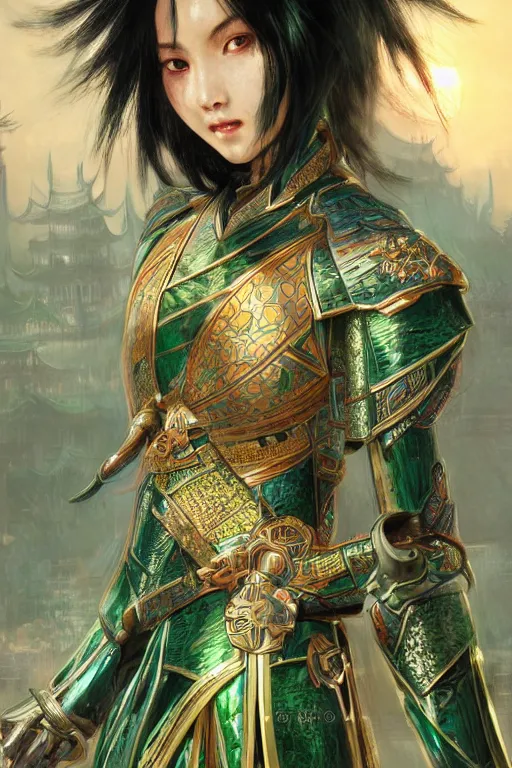 Prompt: portrait black hair young knights of Dynasty Warriors girl, metallic green armor, in ruin fire chinese palace sunrise, ssci-fi and fantasy, intricate and very beautiful and elegant, digital painting, artstation, concept art, smooth and sharp focus, illustration, art by tian zi and WLOP and alphonse mucha