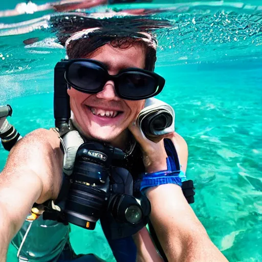 Prompt: national geographic photographer in the ocean taking a selfie smiling to the camera,