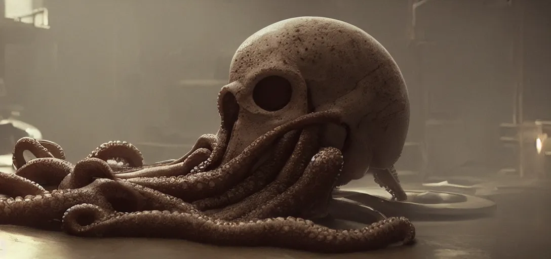 Prompt: an octopus in the shape of a skull on an operating table, foggy, cinematic shot, photo still from movie by denis villeneuve, wayne barlowe