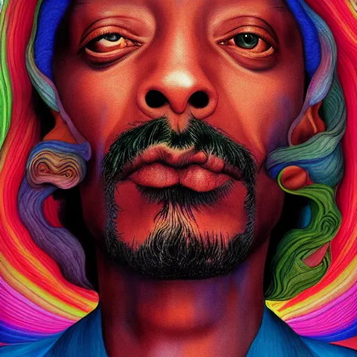 Prompt: colour masterpiece surreal closeup portrait photography of snoop dogg by miho hirano and annie leibovitz and michael cheval, psychedelic smoke background by kilian eng and roger dean and salvador dali and beksinski, 8 k