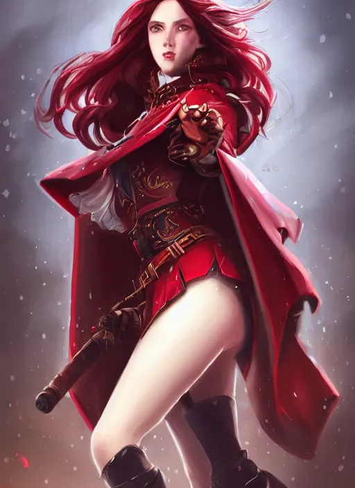 Image similar to a highly detailed illustration of beautiful long dark red haired woman wearing wine red epaulette uniform and coat cape, dramatic wielding strings pose, intricate, elegant, highly detailed, centered, digital painting, artstation, concept art, smooth, sharp focus, league of legends concept art, wlop