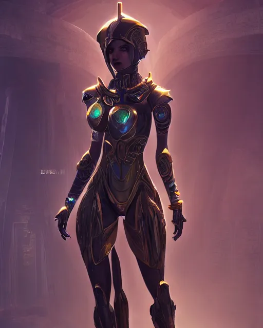 Image similar to android girl in egyptian ruins, warframe armor, atmosphere, glow, detailed, intricate, beautiful face, cinematic lighting, trending on artstation, 4 k, focused, extreme details, cinematic, masterpiece, by akihito tsukushi