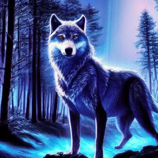 Image similar to humanoid wolf in an enchanted forest with a blue hue and blue fireflie and a waterfall in the distance that magically glows blue, insanely detailed