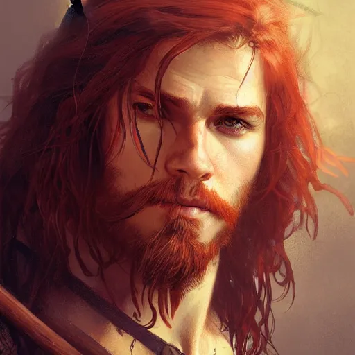 Image similar to portrait of a young rugged pirate, male, masculine, upper body, red hair, long hair, soft hair, D&D, fantasy, intricate, elegant, highly detailed, digital painting, artstation, concept art, matte, sharp focus, illustration, art by Artgerm and Greg Rutkowski and Alphonse Mucha