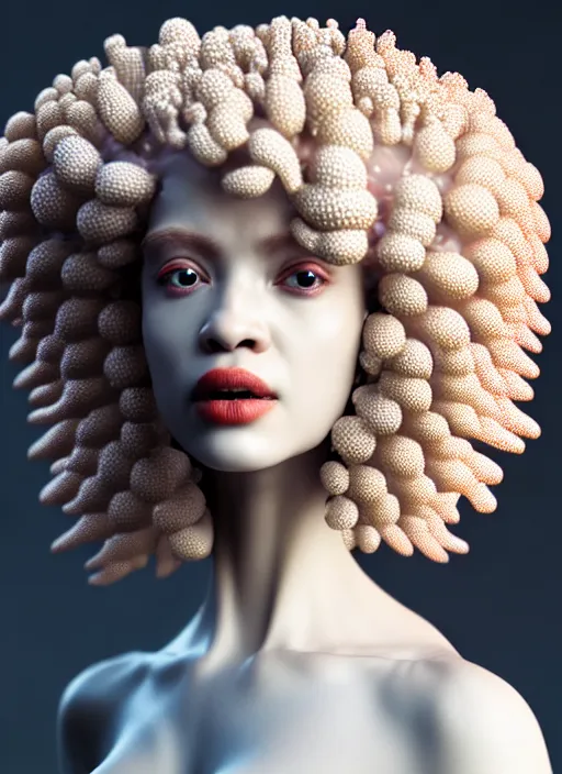 Image similar to intricate hyper detailed ultra sharp focus front shot 3 d render of a beautiful porcelain ivory afro woman, close - up, f 2. 8 1 5 0 mm bright light, sharp focus, elegant bionic cyberpunk red mechanical haute couture fractal mushroom corals, white mycelum and fungi head ornaments, alexandre ferra, octane render, volumetric cinematic lighting, 8 k,