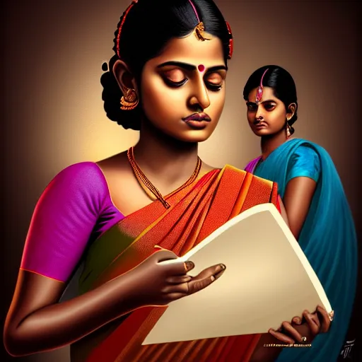 Image similar to hyperrealistic painting of a beautiful young tamil woman holding a notebook while a woman and three men emerge out of the book like genies, detailed digital art, trending on artstation