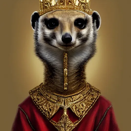 Image similar to detailed photorealistic painting of a meerkat wearing a highly detailed ornamented gold crown with diamonds, in a medieval knight armor with red cape , sharp focus in the style of ruan jia, Mandy jurgens, cinematic light, concept art, trending on artstation, ultra realistic