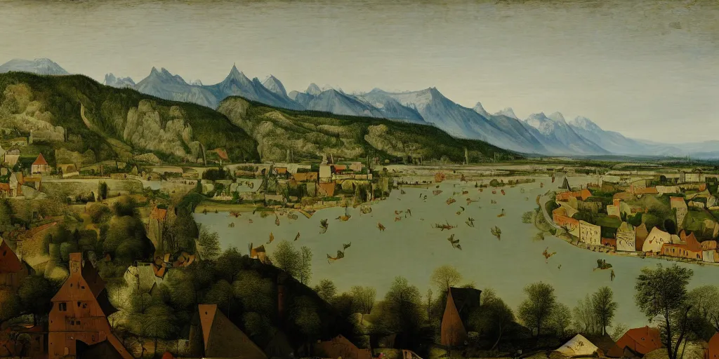 Prompt: the danube with alps in the style of pieter bruegel