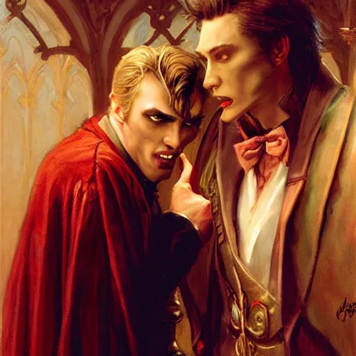 Image similar to attractive male, arthur pendragon confesses his love to attractive male dracula the vampire. highly detailed painting by gaston bussiere, craig mullins, j. c. leyendecker 8 k